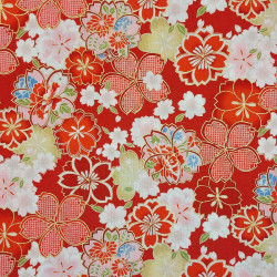 Red cotton fabric with yellow, red and white cherry blossom (5m x 110cm)