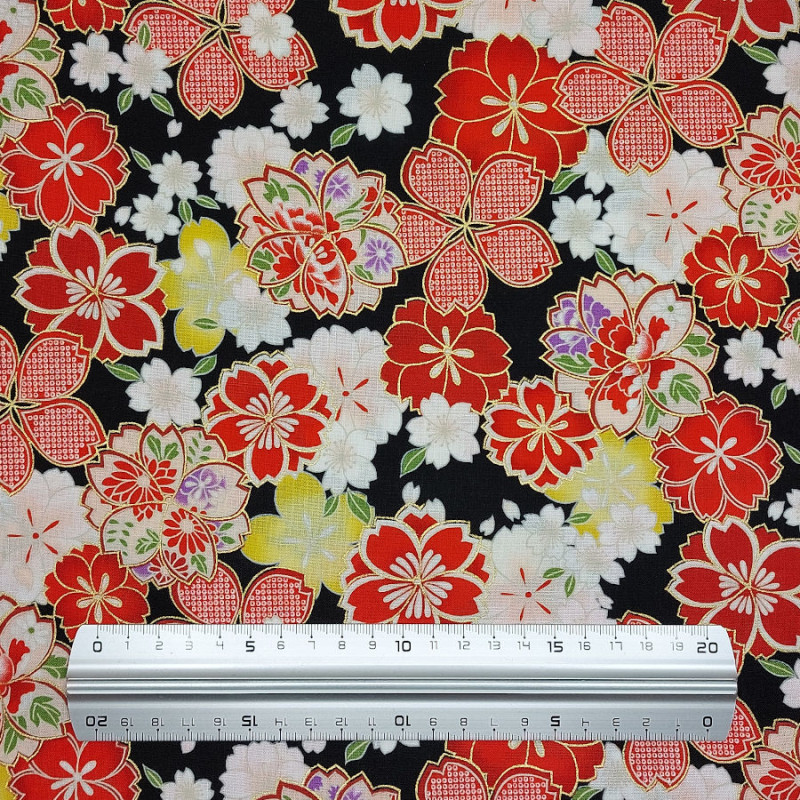 Tissu coton noir fleurs de cerisier jaunes rouges roses (5m x 110cm)