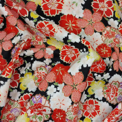 Tissu coton noir fleurs de cerisier jaunes rouges roses (5m x 110cm)