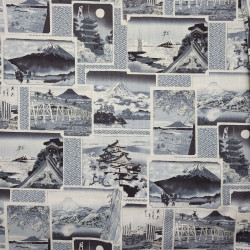 Black and white cotton fabric with ukiyo-e patterns (5m x 112cm)