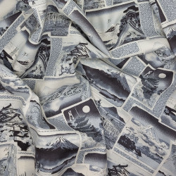 Black and white cotton fabric with ukiyo-e patterns (5m x 112cm)
