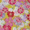 Tissu coton jaune fleurs de cerisier roses, mauves et blanches (5m x 110cm)