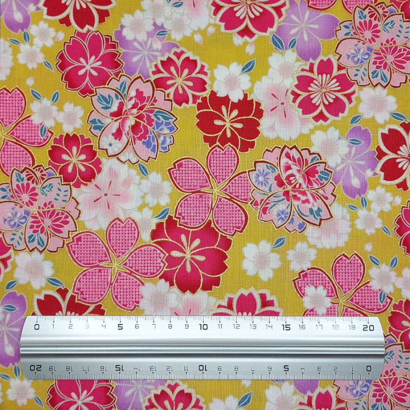 Tissu coton jaune fleurs de cerisier roses, mauves et blanches (5m x 110cm)
