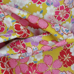 Tissu coton jaune fleurs de cerisier roses, mauves et blanches (5m x 110cm)