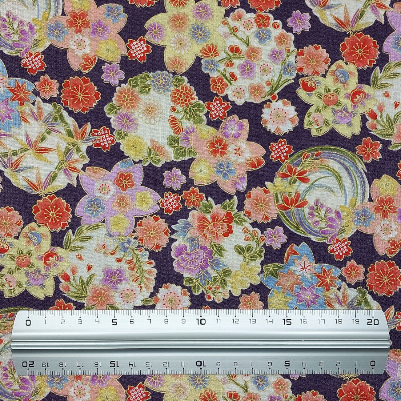 Purple embossed cotton fabric with colorful Japanese flowers patterns (110cm)