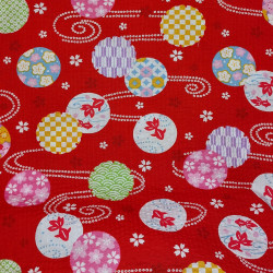 Red seersucker cotton fabric with goldfish and Japanese patterns (5m x 113cm)