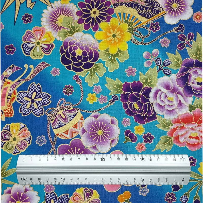 Blue and turquoise fabric with colorful Japanese flowers patterns (5m x 110cm)