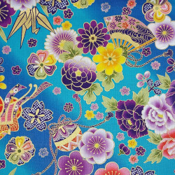 Blue and turquoise fabric with colorful Japanese flowers patterns (5m x 110cm)