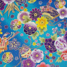 Blue and turquoise fabric with colorful Japanese flowers patterns (5m x 110cm)