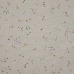Tissu coton beige petites libellules marron mauves et vertes (5m x 110cm)