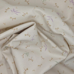 Tissu coton beige petites libellules marron mauves et vertes (5m x 110cm)