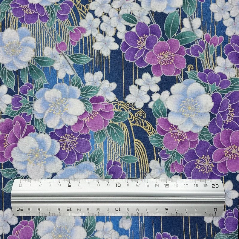 Marine blue fabric with purple and pink cherry blossom patterns (5m x 110cm)