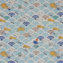 Cotton fabric (85%) and linen (15%) cats and Japanese waves in light blue and ecru (5m x 110cm)