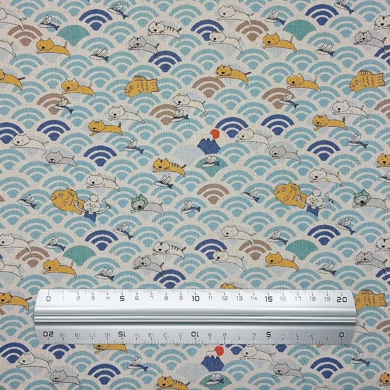 Cotton fabric (85%) and linen (15%) cats and Japanese waves in light blue and ecru (5m x 110cm)