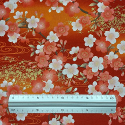 Tissu coton rouge rouille et orange fleurs de cerisier et tourbillons (5m x 110cm)