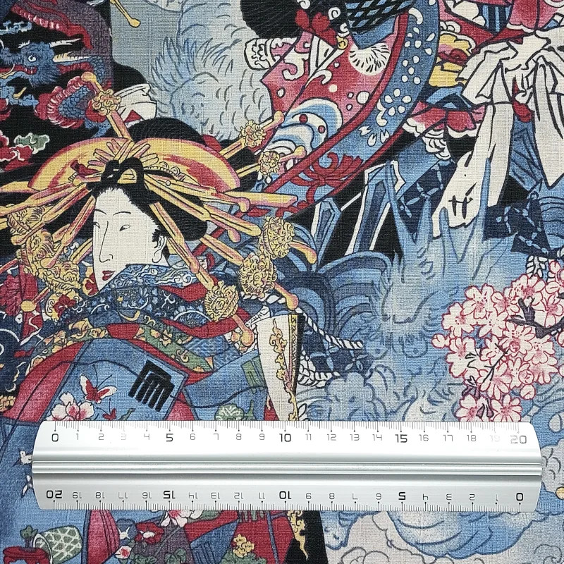 Tissu coton gris geishas et samuraïs (5mx110cm)