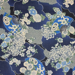 Midnight blue cotton fabric with fans and chrysanthemum patterns (5m x 108cm)