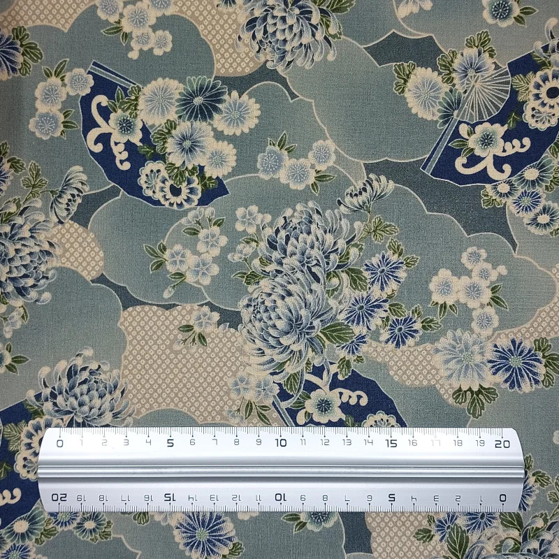 Tissu coton gris éventails et chrysanthèmes (5m x 108cm)