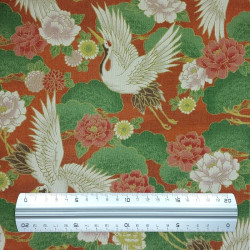 Rusty red cotton fabric with cranes and flowers patterns (5m x 112cm)