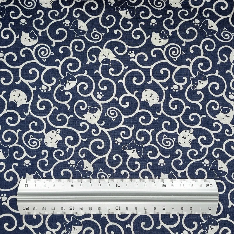Midnight blue cotton dobby fabric with karakusa and cats (5m x 110cm)