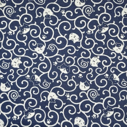 Midnight blue cotton dobby fabric with karakusa and cats (5m x 110cm)