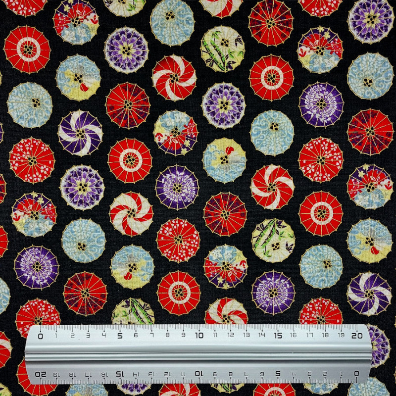 Black fabric with colorful umbrella patterns (110cm)