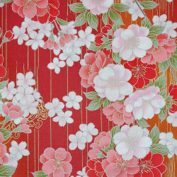 Tissu coton rouge fleurs de cerisier roses et blanches (5m x 110cm)