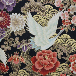 Tissu japonais noir et doré grues vagues et fleurs – 100% coton – vente en gros