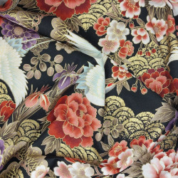 Black and gold Japanese fabric with cranes, waves, and flowers – 100% cotton – wholesale