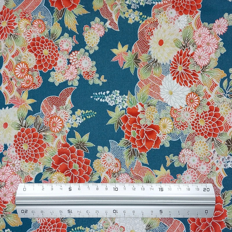 Peacock blue Japanese fabric with silver and colorful flowers – 100% cotton – wholesale