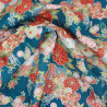 Tissu japonais bleu canard fleurs argentées et colorées – 100% coton – vente en gros