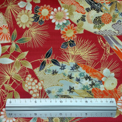 Red textured cotton fabric with flowers and fans (110cm)