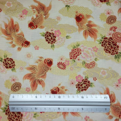 Tissu japonais coton blanc crème poissons rouges avec doré – 100% coton – vente en gros