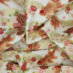 Tissu japonais coton blanc crème poissons rouges avec doré – 100% coton – vente en gros