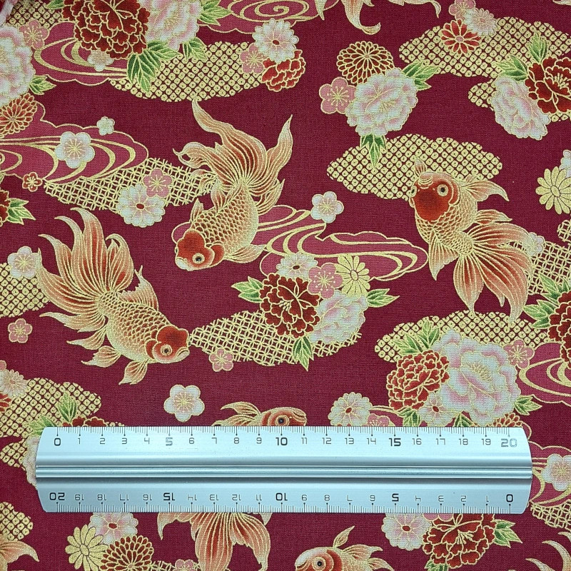 Tissu japonais coton rouge foncé poissons rouges avec doré – 100% coton – vente en gros