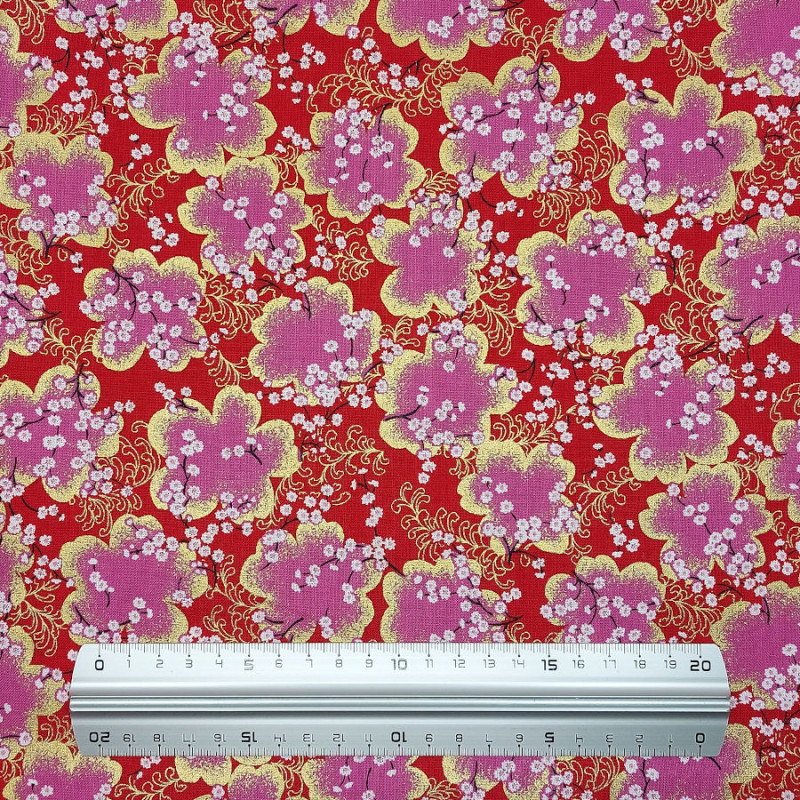 Tissu coton fleurs de cerisier rouge rose doré (110cm)