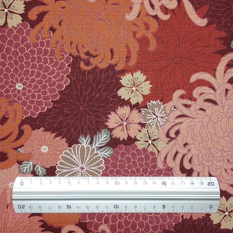 Tissu japonais texturé bordeaux et rose chrysanthèmes – 100% coton – vente en gros