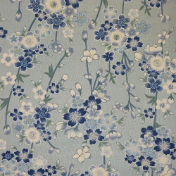Grey cotton fabric with blue and ecru cherry blossom patterns style (5m x 108)
