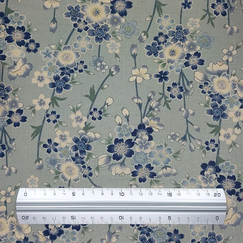 Tissu japonais coton gris fleurs de cerisier bleues et écrues - tissu coton - vente en gros