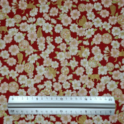 Japanese cotton fabric red cats and cherry blossom gold – 100% cotton – wholesale