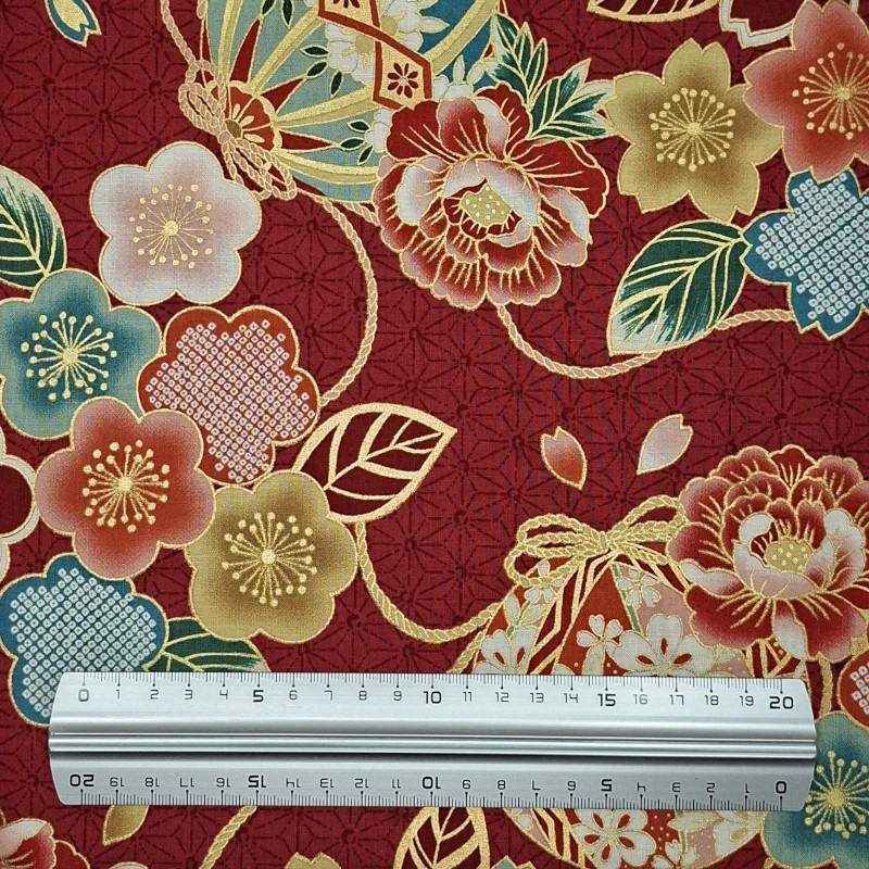 Red Japanese cotton fabric with flowers and temari balls by 5m or 10m - wholesale
