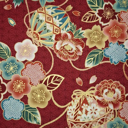 Red Japanese cotton fabric with flowers and temari balls by 5m or 10m - wholesale