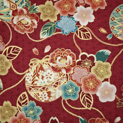 Red Japanese cotton fabric with flowers and temari balls by 5m or 10m - wholesale