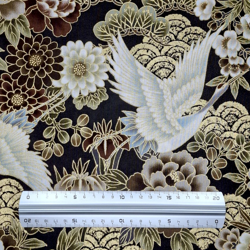 Tissu japonais marron et doré grues vagues et fleurs – 100% coton – vente en gros