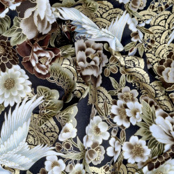Tissu japonais marron et doré grues vagues et fleurs – 100% coton – vente en gros