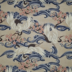 Japanese cotton fabric beige cranes, waves and cherry blossom – 100% cotton – wholesale