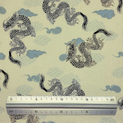 Ivory white cotton fabric with japanese dragons patterns (110cm)