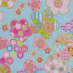 Japanese Cotton Fabric Sky Blue Cherry Blossom Print - Wholesale