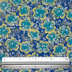 Cotton blue fabric with green and gold cherry blossom (110cm)