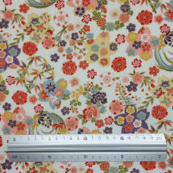 White embossed cotton fabric with colorful Japanese flowers patterns (110cm)